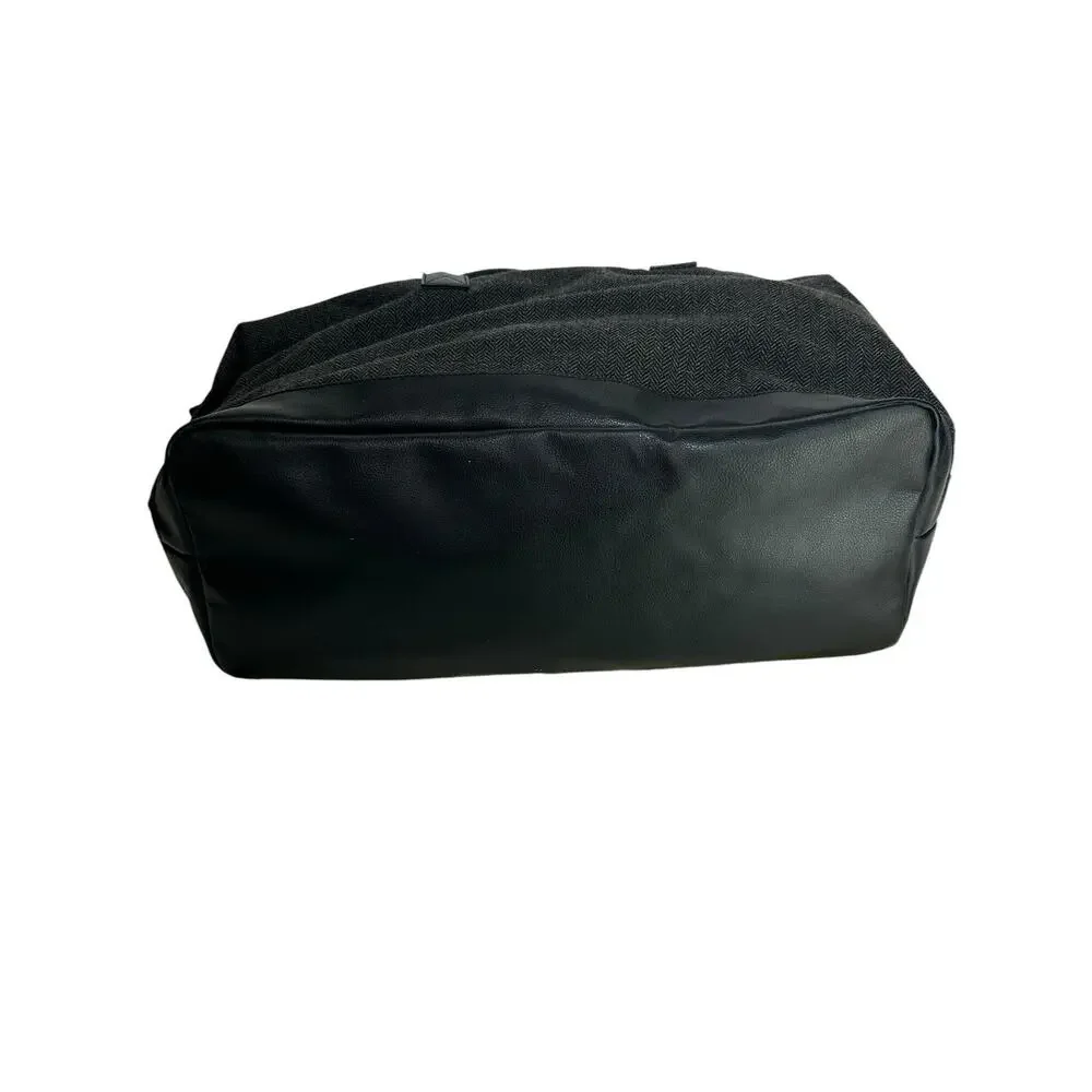 John Varvatos Gray Herringbone Weekender Duffel Travel Bag Faux Leather Trim